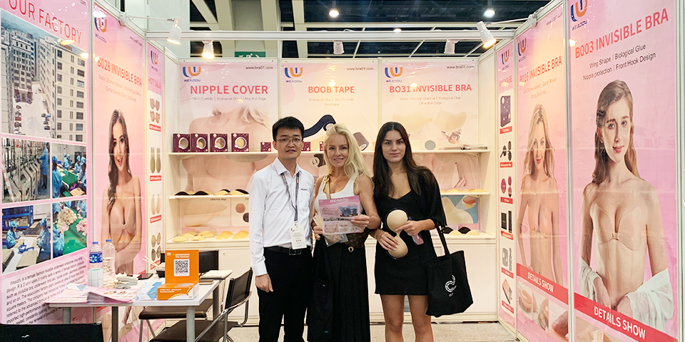 Sweetyle professional sales team at the Global Sources Fashion Trade Show in Hong Kong, showcasing latest adhesive bras