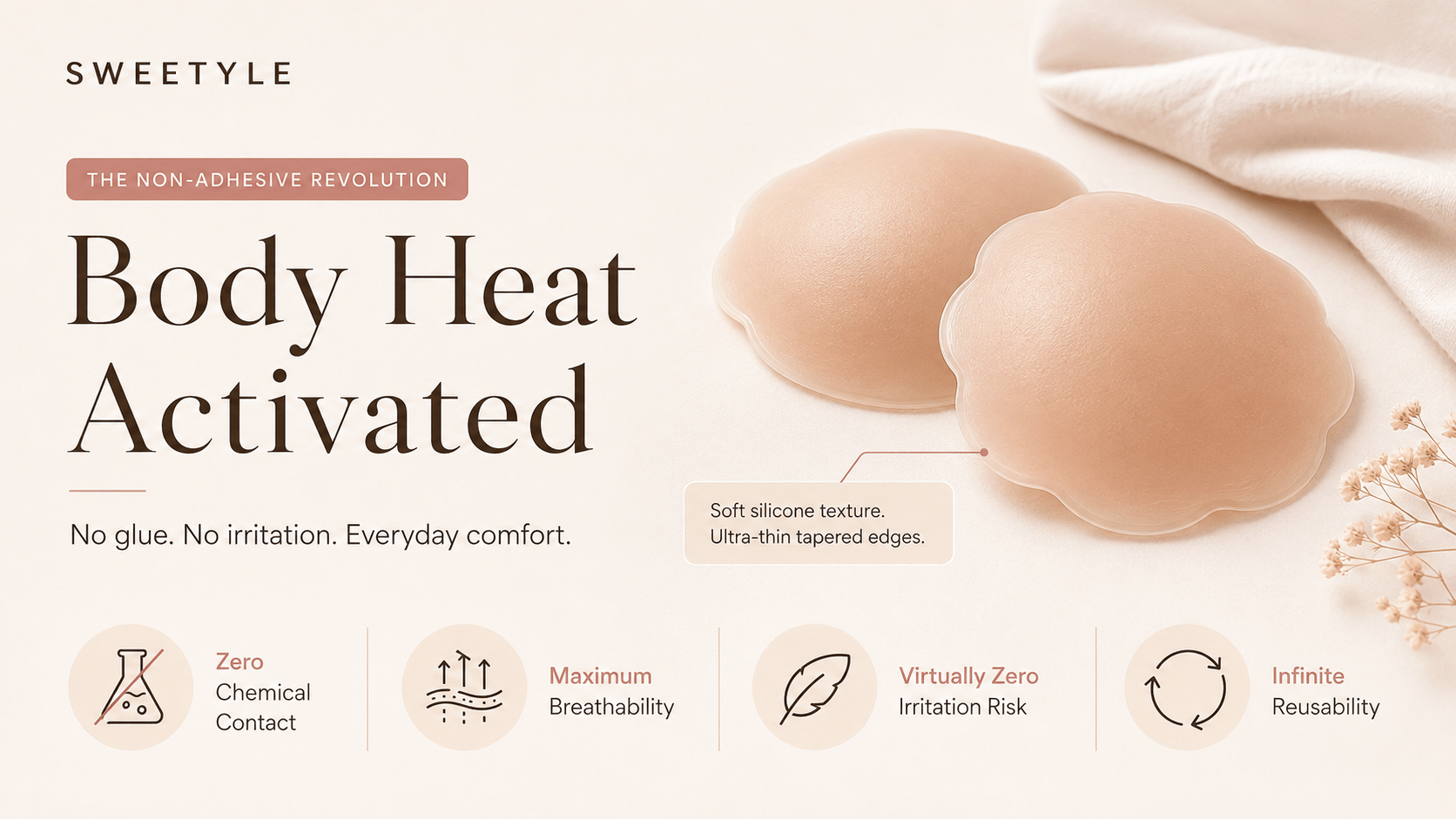 Body heat activated non-adhesive nipple covers for irritation-free daily wear..png