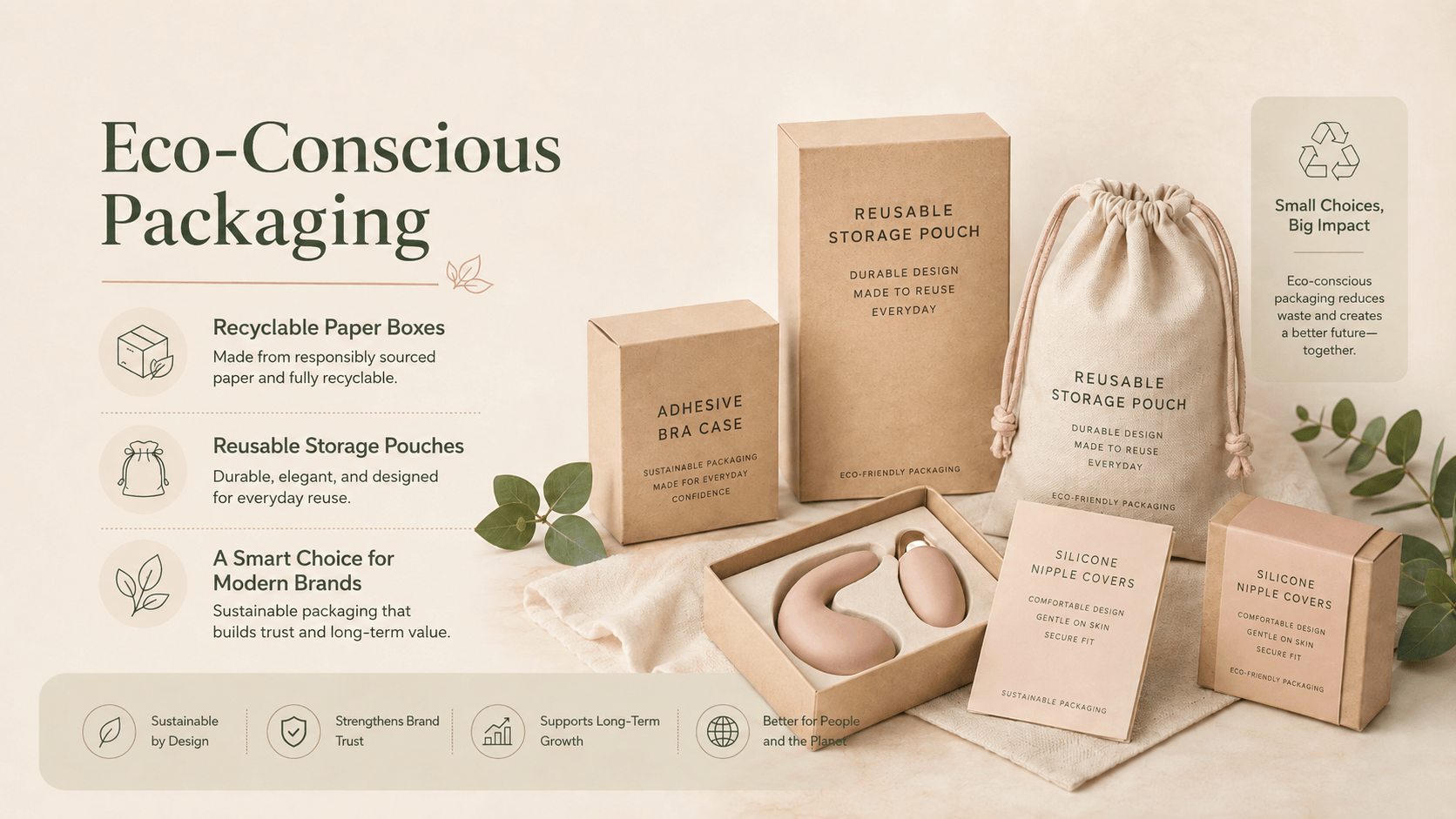 Eco-conscious packaging solutions for nipple covers and adhesive bras with recyclable boxes and reusable storage pouches.png