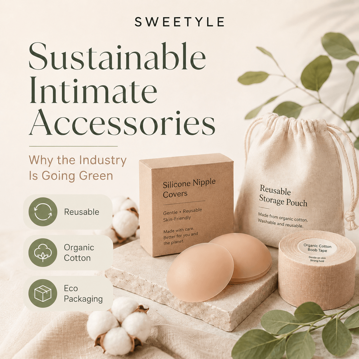 Sustainable intimate accessories with reusable nipple covers, organic cotton boob tape and eco-friendly packaging.png