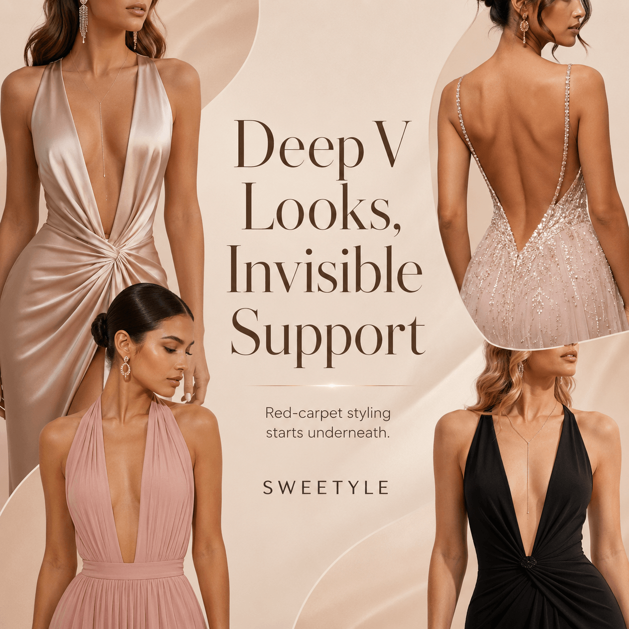 Celebrity-style deep V-neck dresses requiring invisible support..png