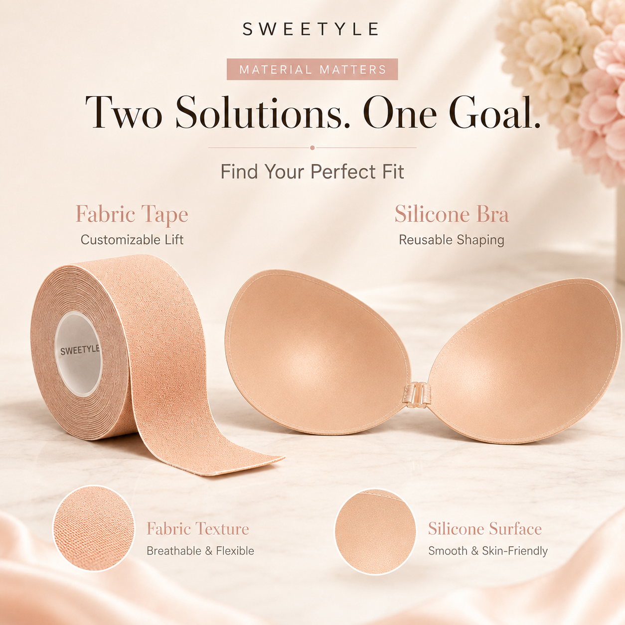 Cotton boob tape roll next to a reusable silicone adhesive bra..png
